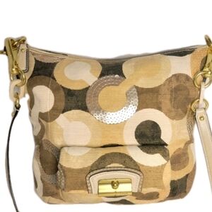 COACH Op Art Kristen Hobo Crossbody Shoulder Bag Fall Beige Gold Purse Tote